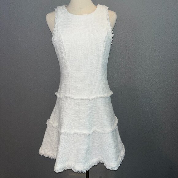 LIKELY Women's Boucle Tweed Fringed JEWEL DRESS Pure White Chanel Style NWOT 6 - Picture 1 of 13